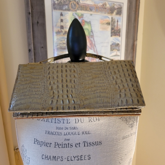 Genuine Leather True Vintage Sliding Hinge Top Handle Clutch Handbag Suede int. - Picture 4 of 12